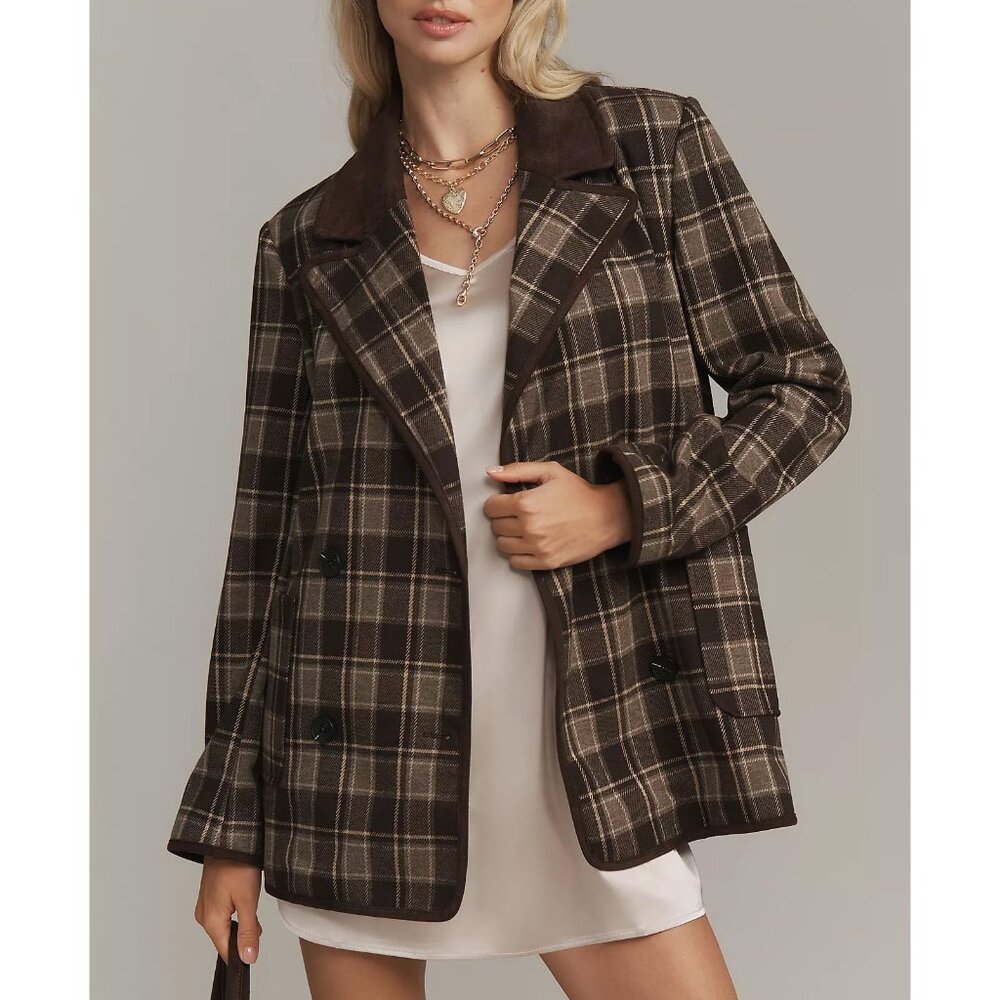 New Avec Les Filles Plaid Blazer Brown Taupe Large $158